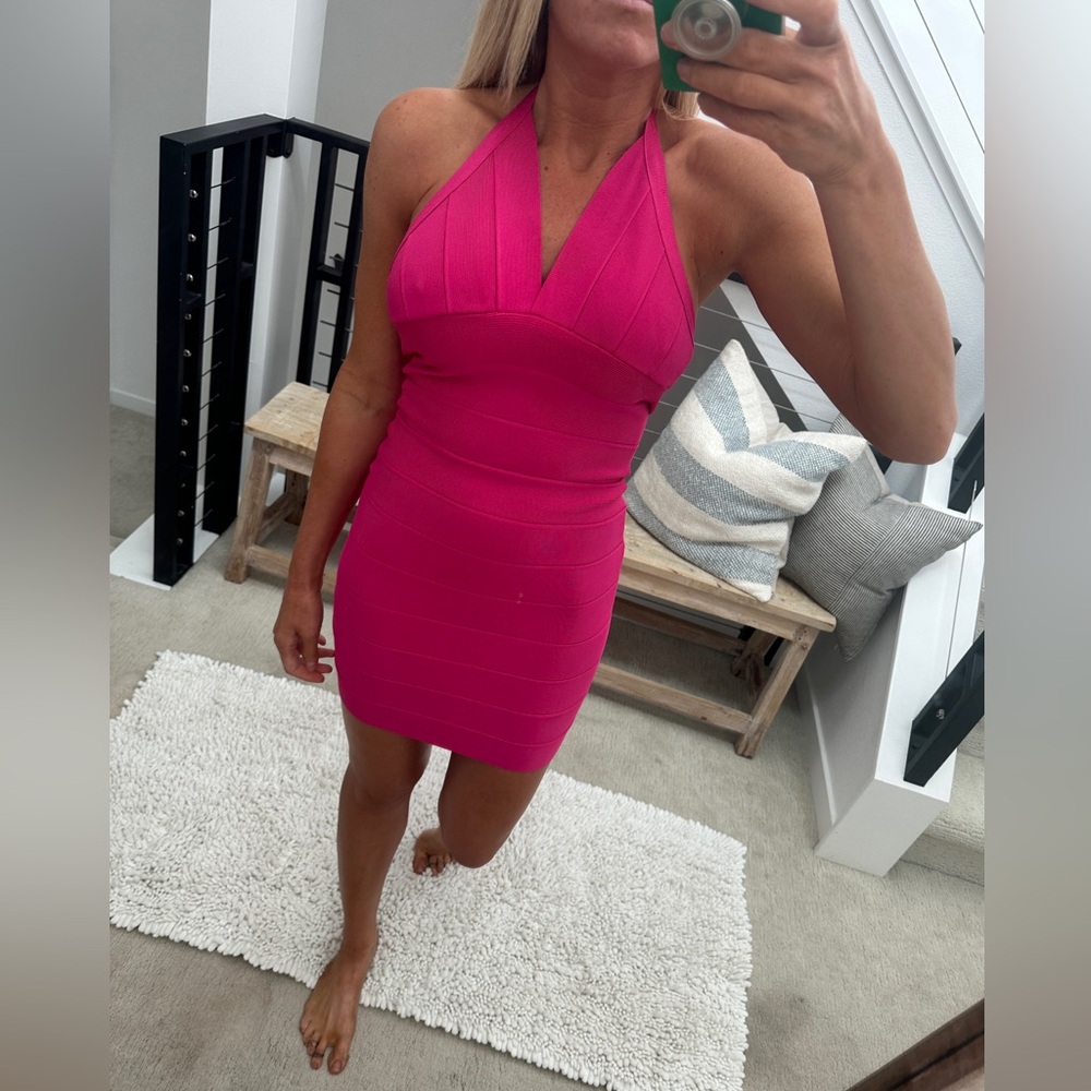 Hervé Léger Hot Pink Bandage Halter Mini Dress | Size M - Picture 3 of 12